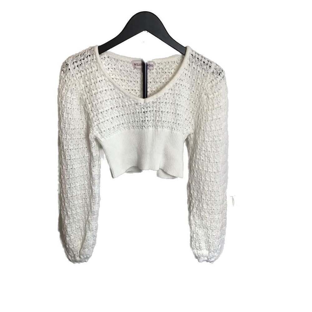 Willow & Wind Cream Crochet Knit Cropped Balloon Sleeve Sweater S